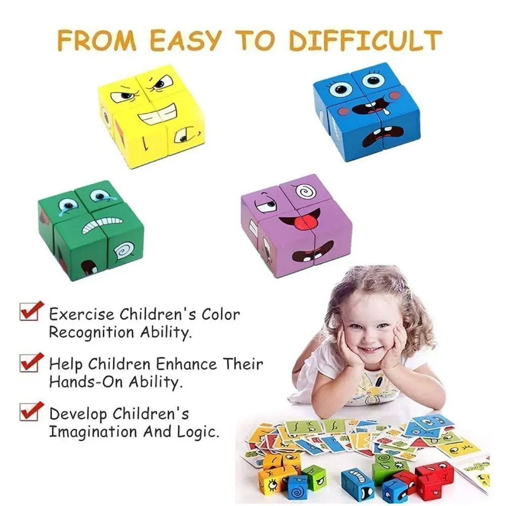 Face Change Cube Game, Wooden Expressions Matching Block Puzzles Building Cubes